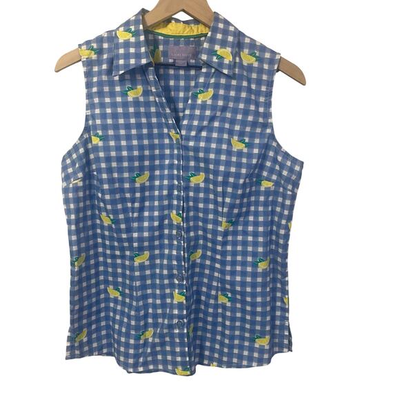 Laura Scott Blue White Gingham Button Down Blouse Lemon Print Sleeveless Sz M - Picture 1 of 9